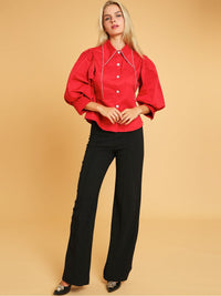 WOMEN'S 3/4 PUFF SLEEVE BUTTON UP STUDS DETAILED BLOUSE
