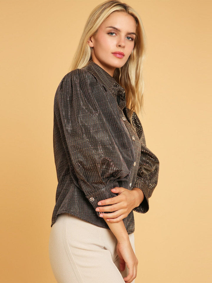 WOMEN'S 3/4 PUFF SLEEVE BUTTON UP SHIMMER BLOUSE