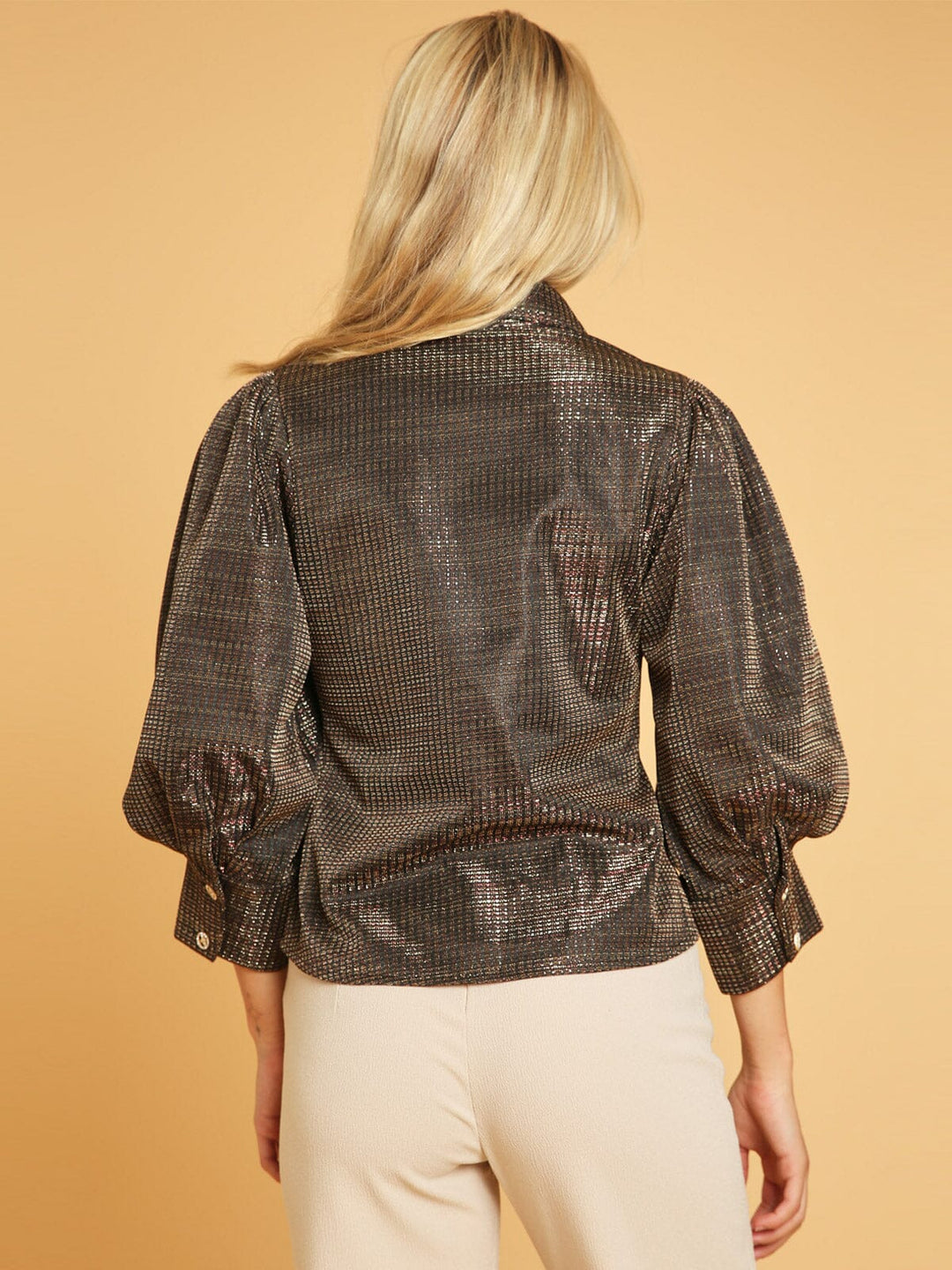 WOMEN'S 3/4 PUFF SLEEVE BUTTON UP SHIMMER BLOUSE
