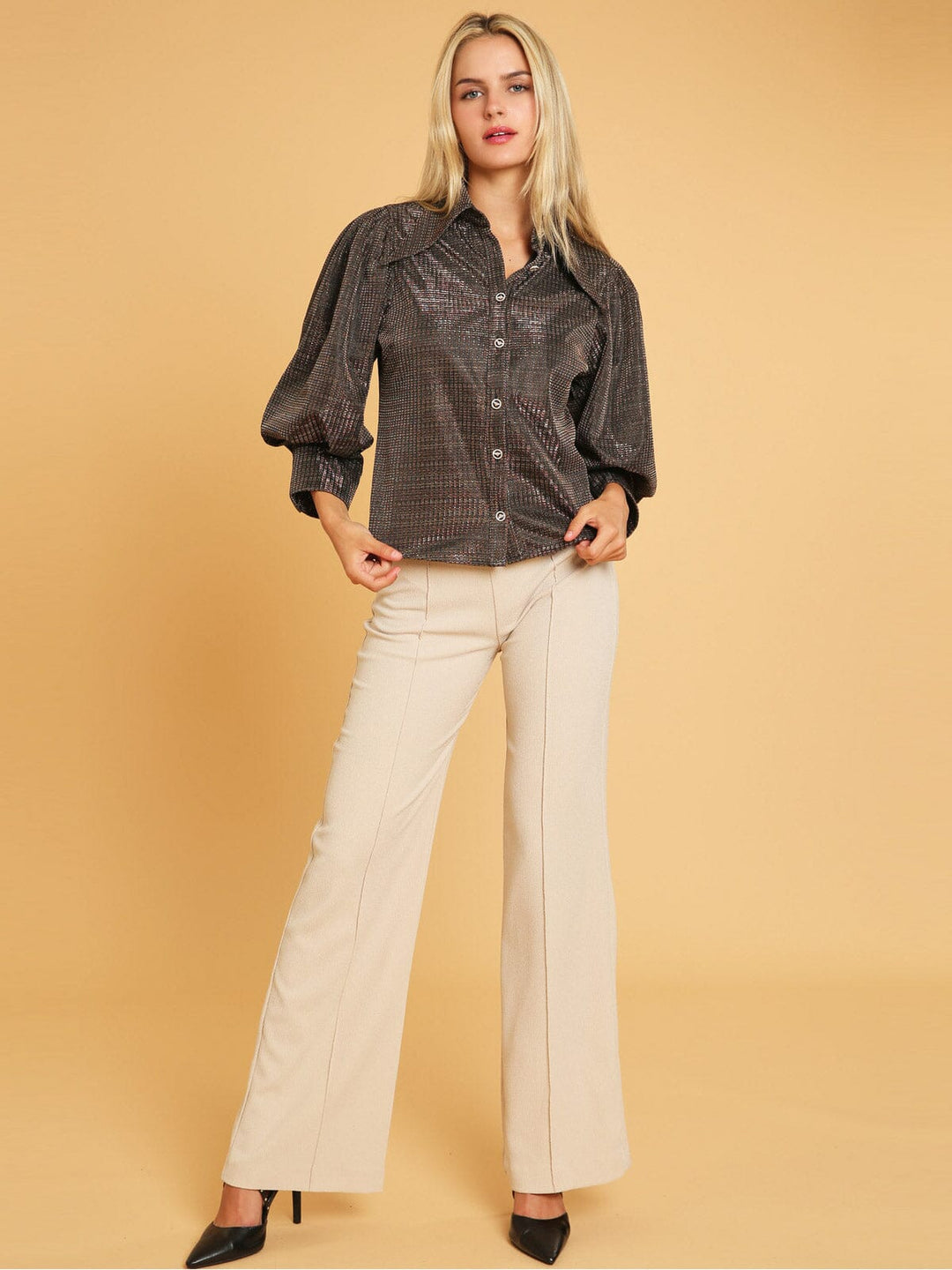 WOMEN'S 3/4 PUFF SLEEVE BUTTON UP SHIMMER BLOUSE