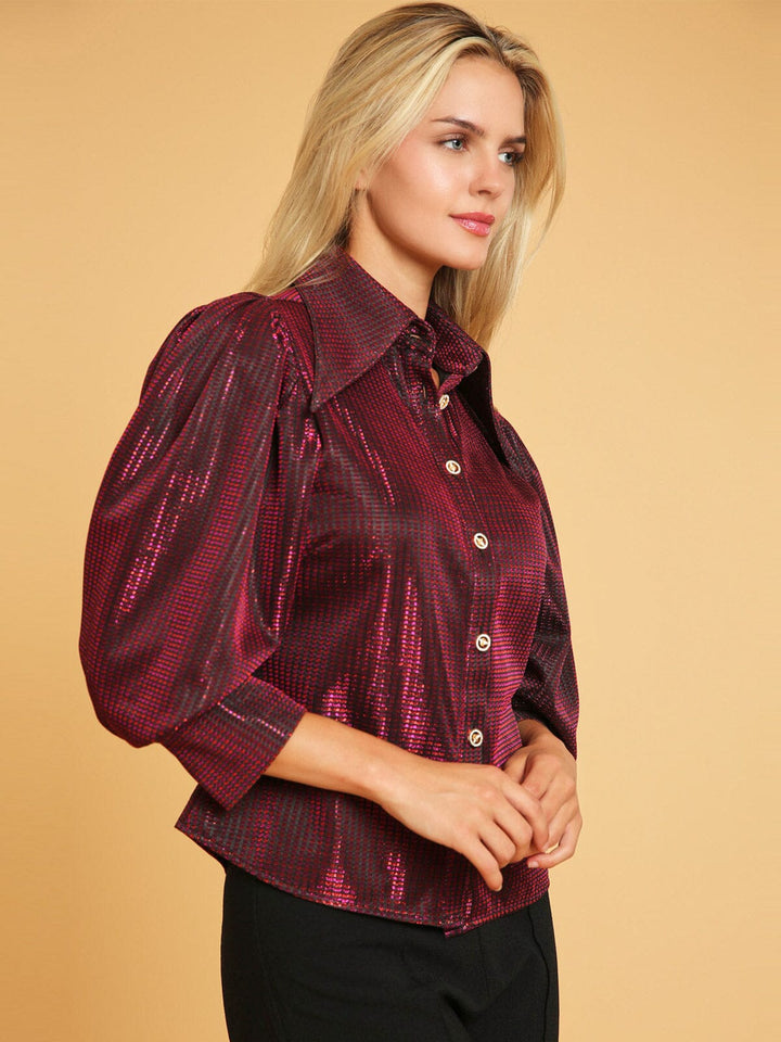 WOMEN'S 3/4 PUFF SLEEVE BUTTON UP SHIMMER BLOUSE