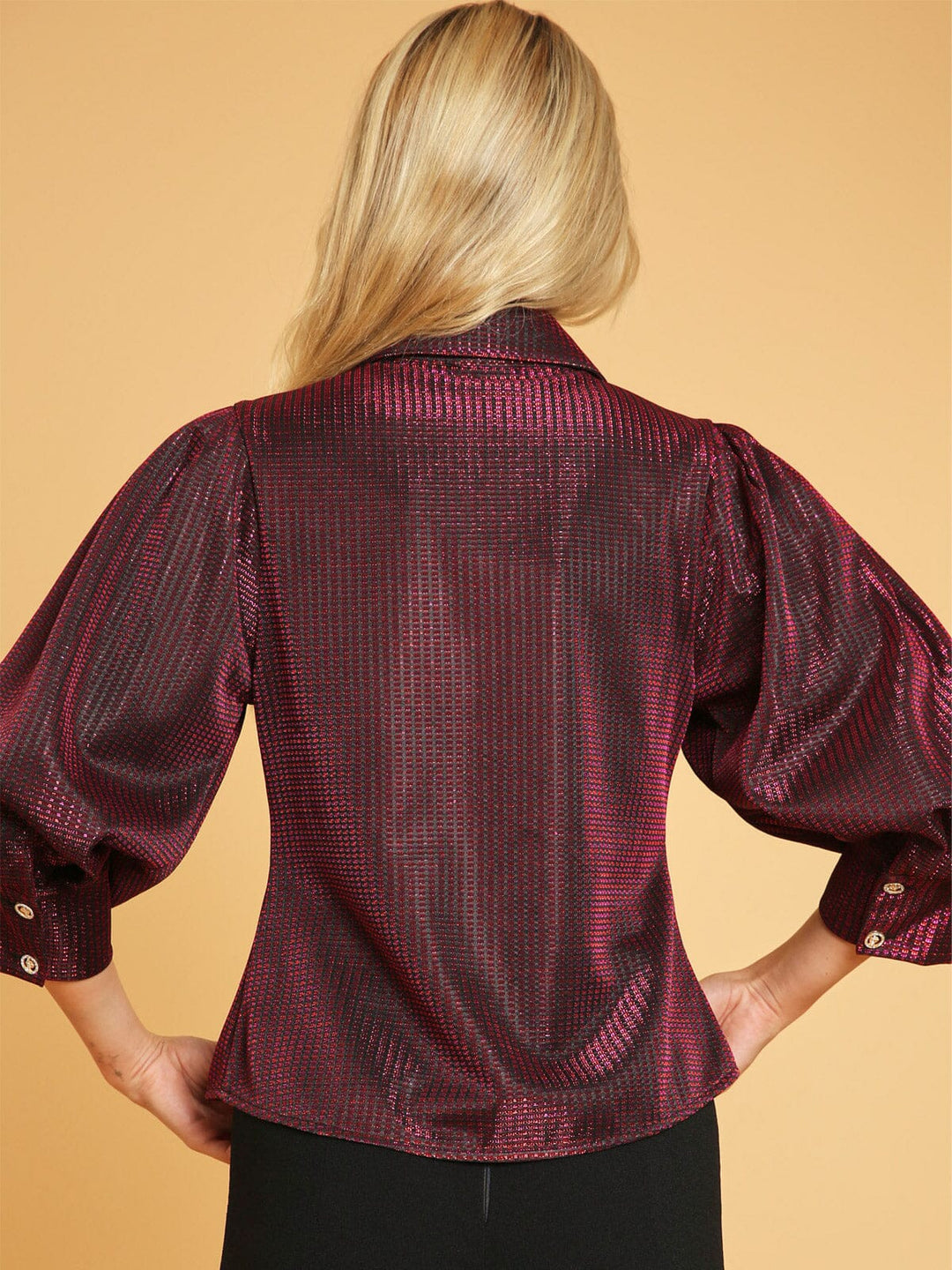 WOMEN'S 3/4 PUFF SLEEVE BUTTON UP SHIMMER BLOUSE