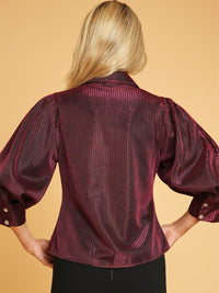 WOMEN'S 3/4 PUFF SLEEVE BUTTON UP SHIMMER BLOUSE