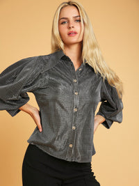 WOMEN'S 3/4 PUFF SLEEVE BUTTON UP SHIMMER BLOUSE