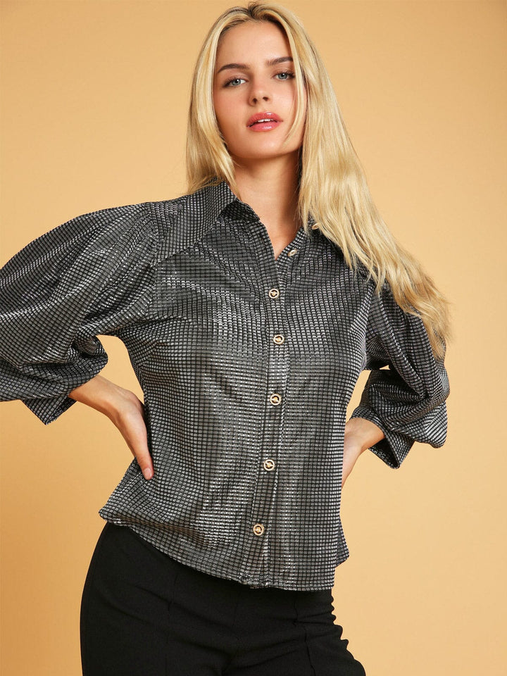 WOMEN'S 3/4 PUFF SLEEVE BUTTON UP SHIMMER BLOUSE