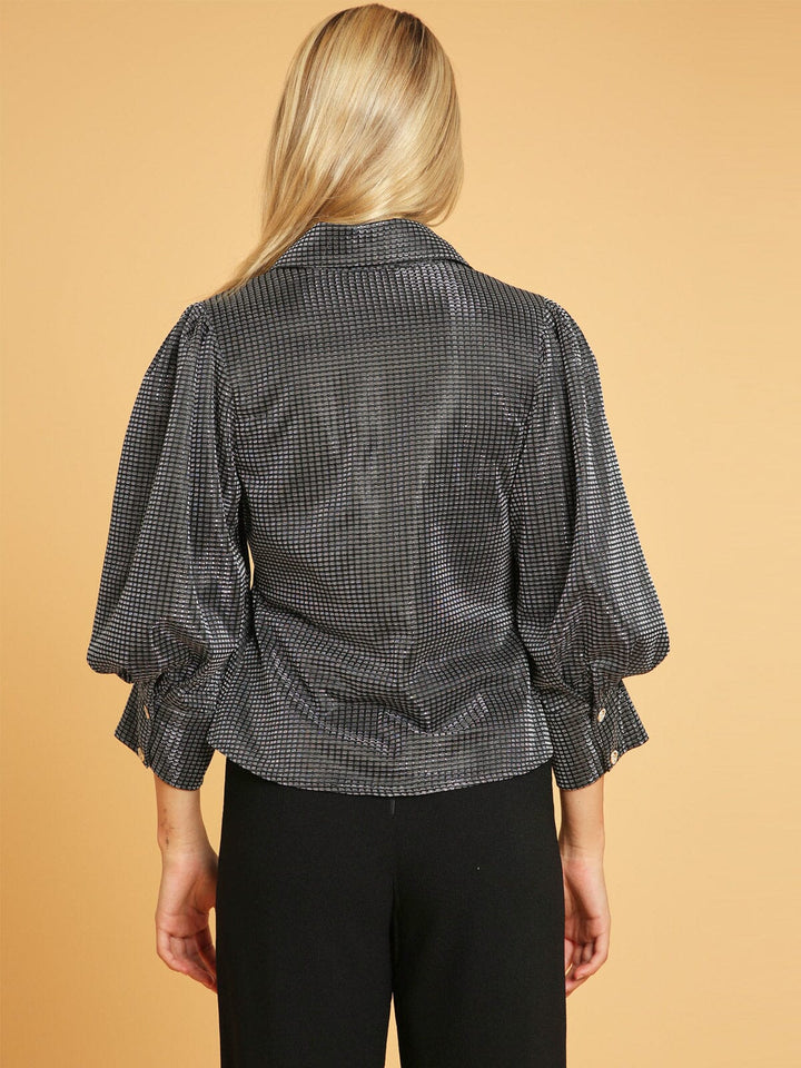 WOMEN'S 3/4 PUFF SLEEVE BUTTON UP SHIMMER BLOUSE