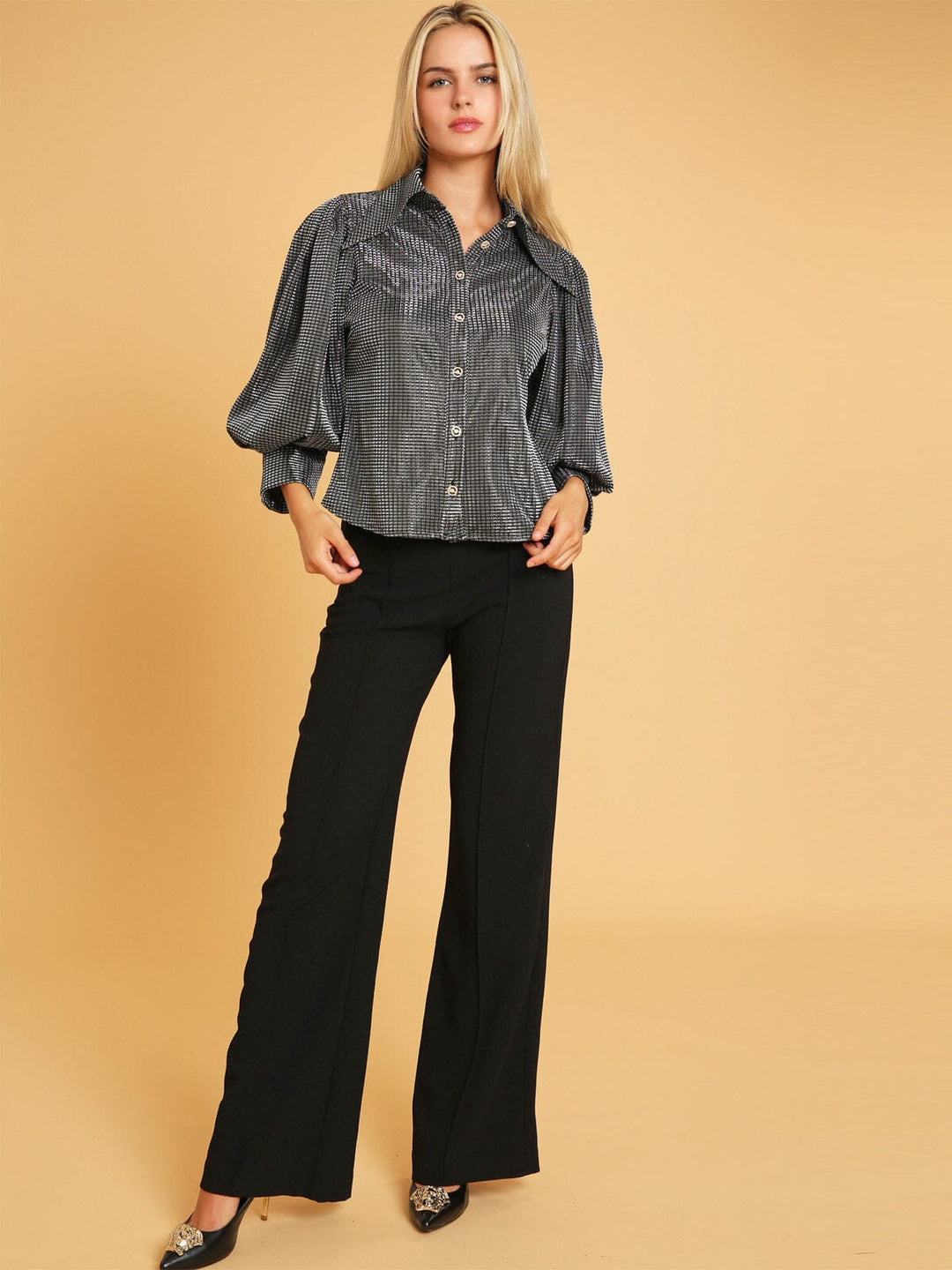 WOMEN'S 3/4 PUFF SLEEVE BUTTON UP SHIMMER BLOUSE