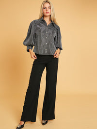 WOMEN'S 3/4 PUFF SLEEVE BUTTON UP SHIMMER BLOUSE