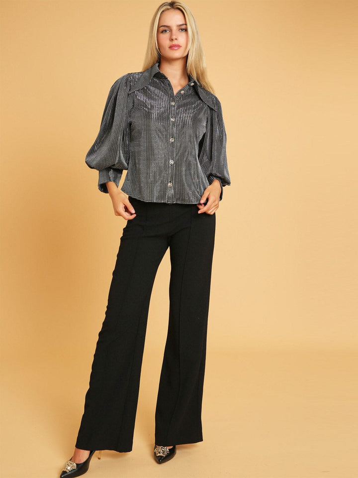 WOMEN'S 3/4 PUFF SLEEVE BUTTON UP SHIMMER BLOUSE