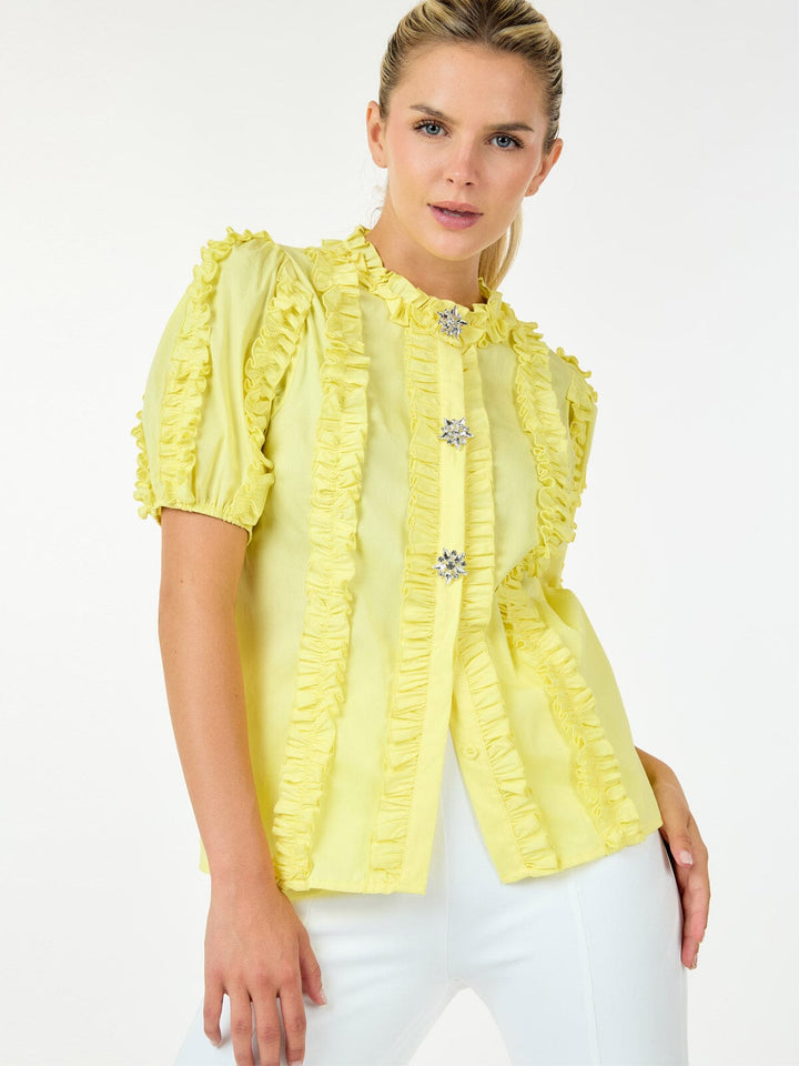 WOMEN'S SHORT SLEEVE BUTTON CLOSURE RUFFLE DETAILED BLOUSE