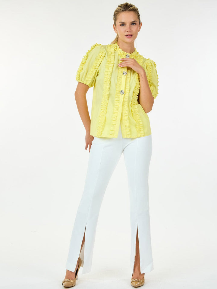 WOMEN'S SHORT SLEEVE BUTTON CLOSURE RUFFLE DETAILED BLOUSE