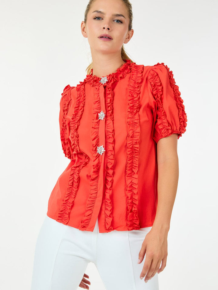 WOMEN'S SHORT SLEEVE BUTTON CLOSURE RUFFLE DETAILED BLOUSE