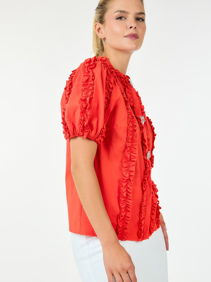 WOMEN'S SHORT SLEEVE BUTTON CLOSURE RUFFLE DETAILED BLOUSE