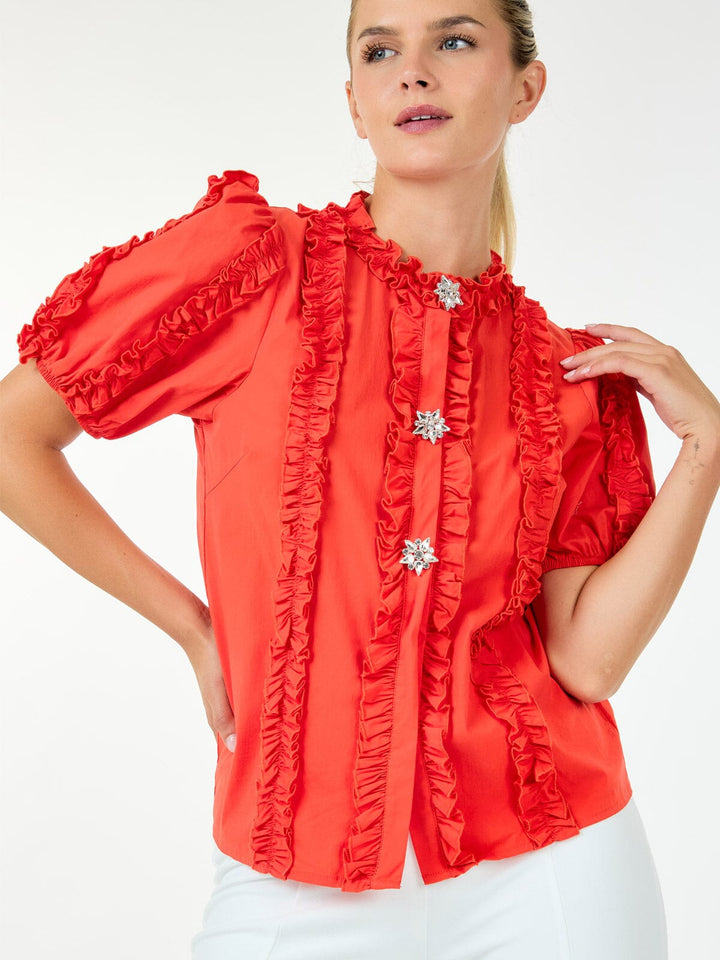 WOMEN'S SHORT SLEEVE BUTTON CLOSURE RUFFLE DETAILED BLOUSE