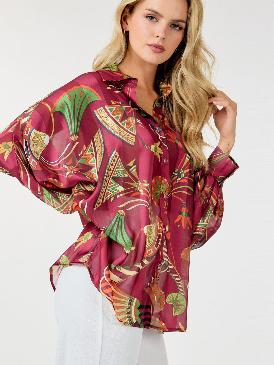 WOMEN'S LONG SLEEVE BUTTON UP MULTI PRINT BLOUSE