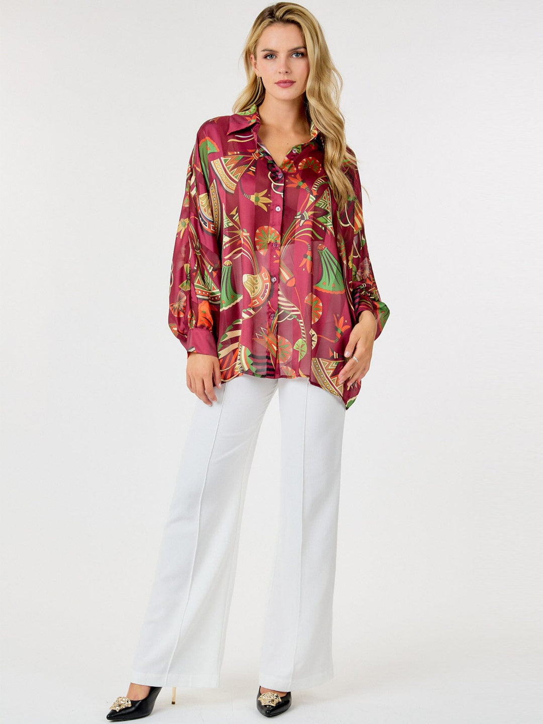 WOMEN'S LONG SLEEVE BUTTON UP MULTI PRINT BLOUSE