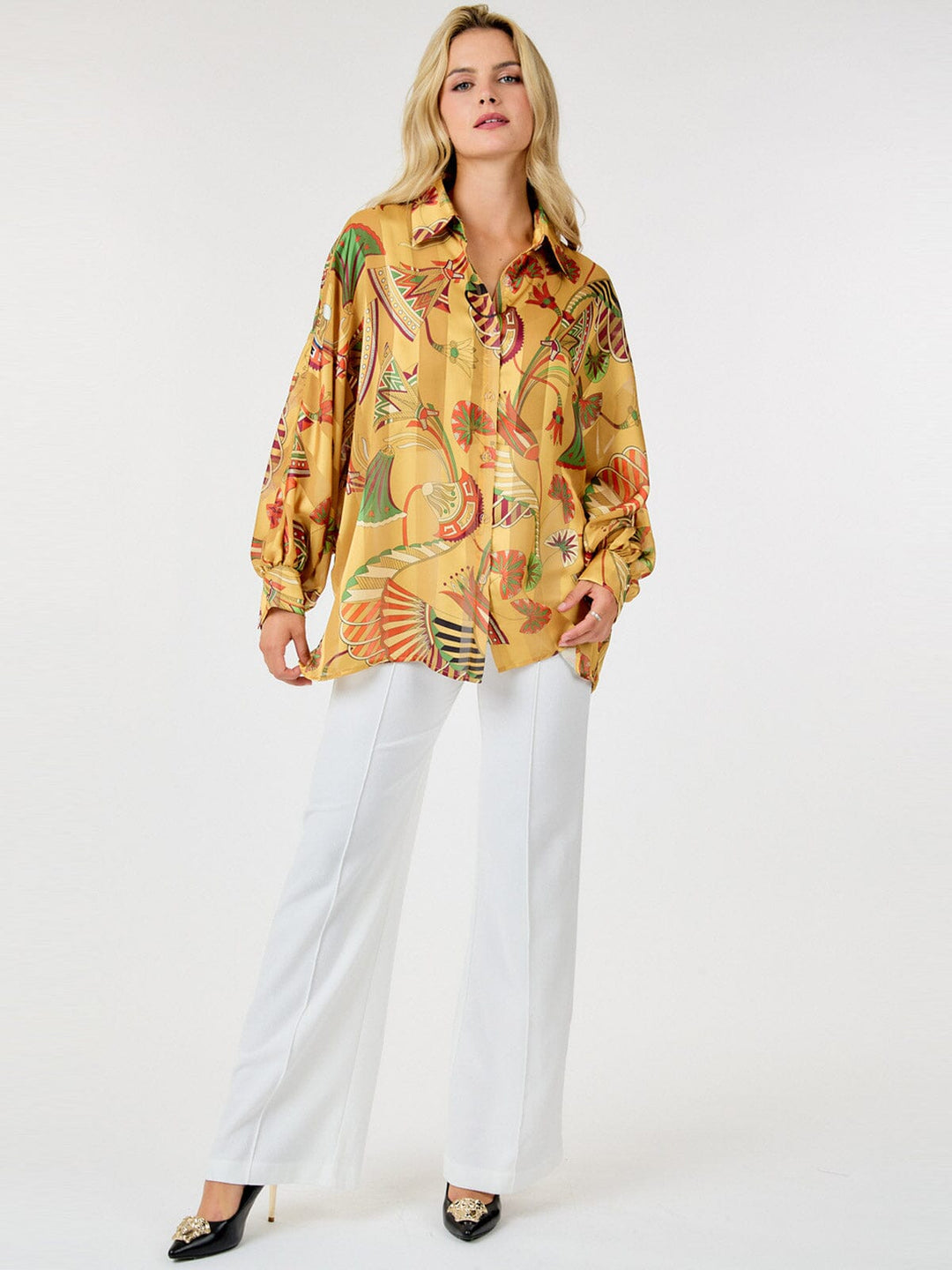 WOMEN'S LONG SLEEVE BUTTON UP MULTI PRINT BLOUSE