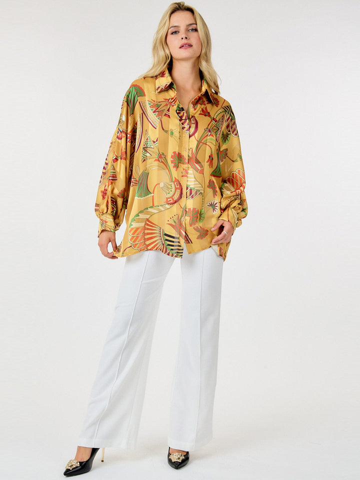 WOMEN'S LONG SLEEVE BUTTON UP MULTI PRINT BLOUSE