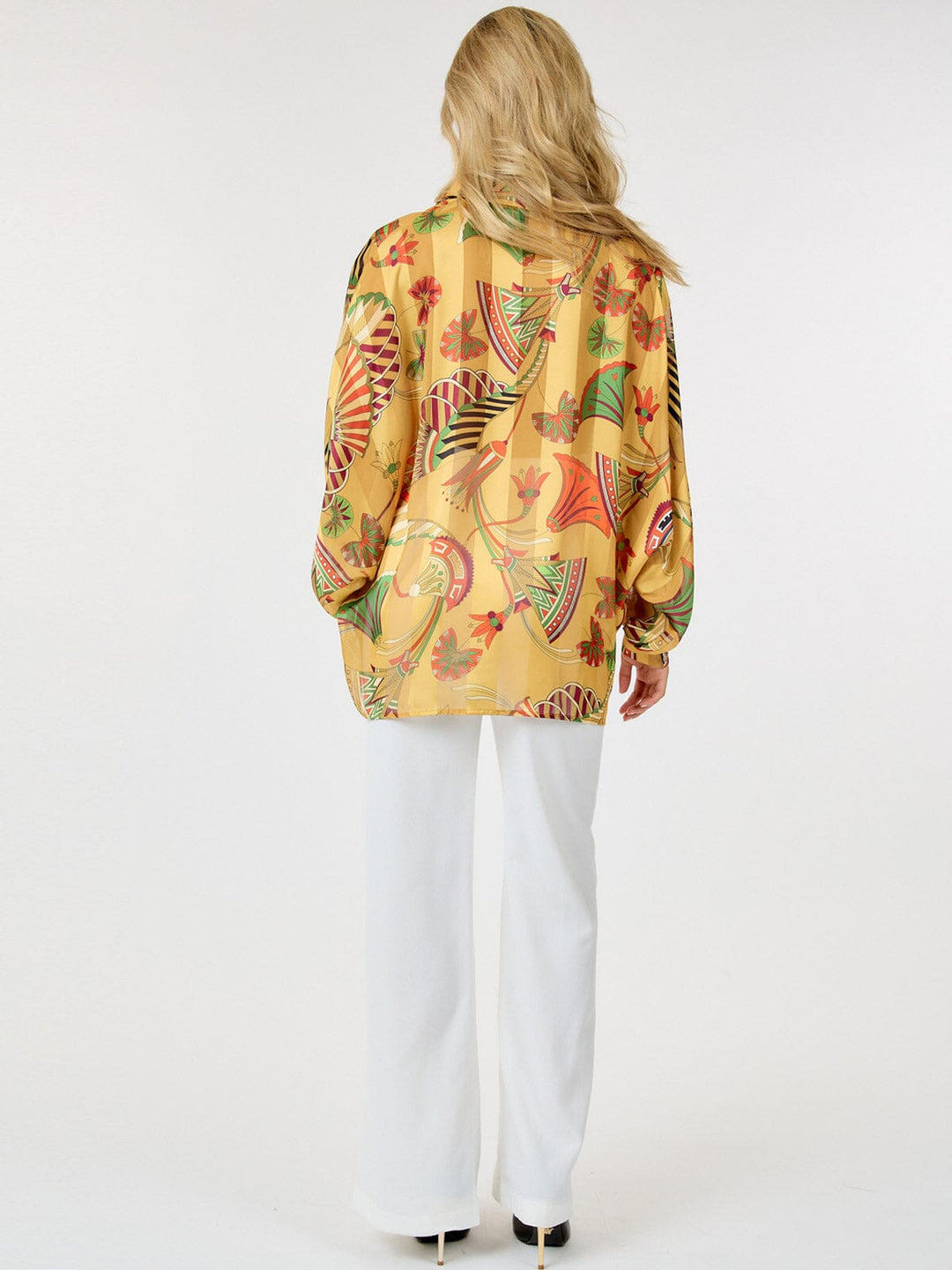 WOMEN'S LONG SLEEVE BUTTON UP MULTI PRINT BLOUSE