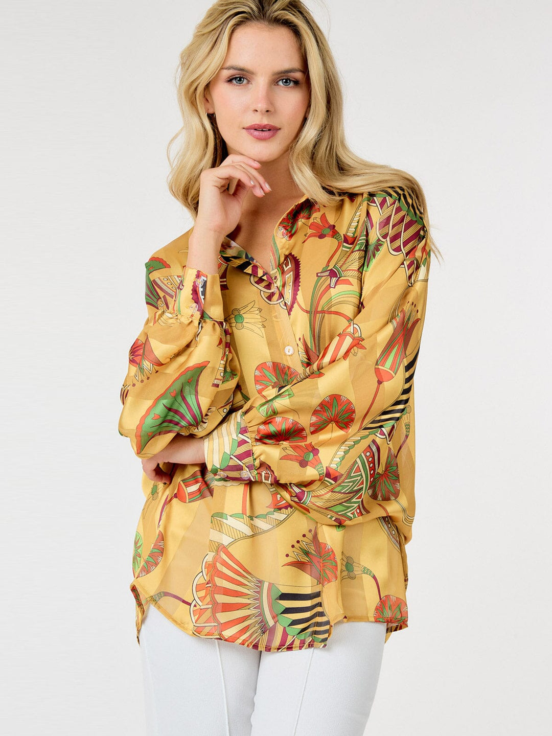 WOMEN'S LONG SLEEVE BUTTON UP MULTI PRINT BLOUSE