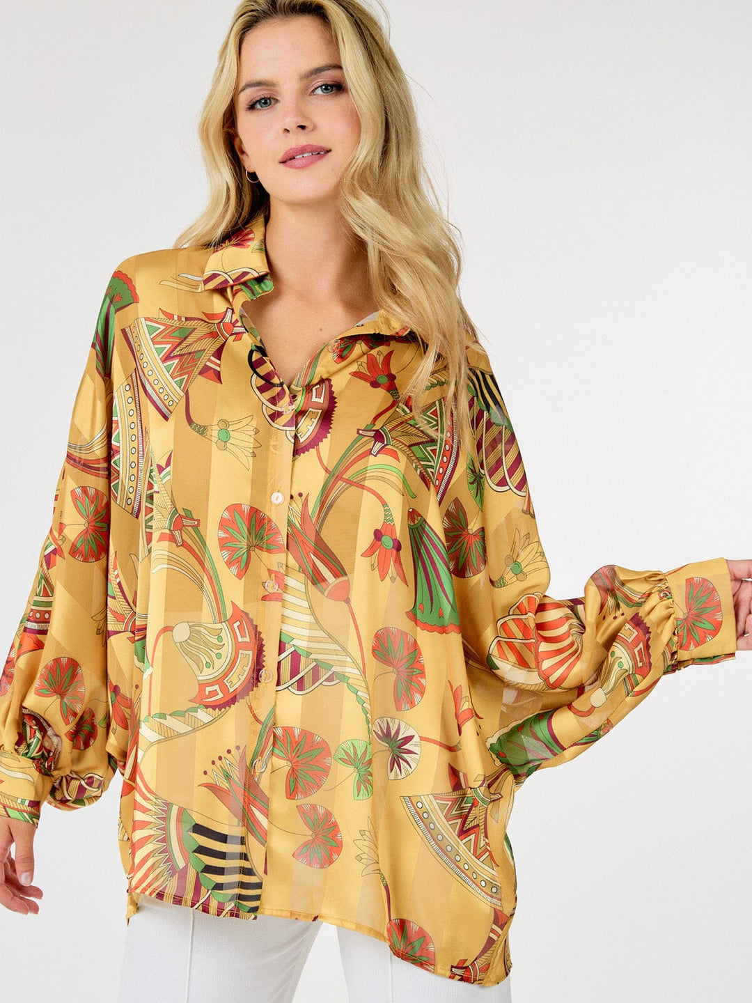 WOMEN'S LONG SLEEVE BUTTON UP MULTI PRINT BLOUSE