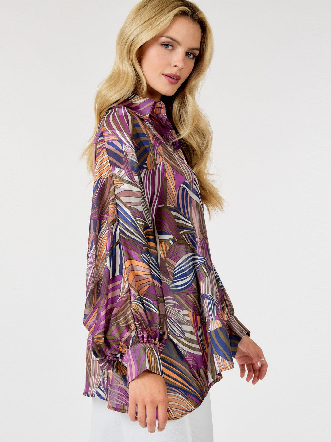 WOMEN'S LONG SLEEVE BUTTON UP MULTI PRINT BLOUSE