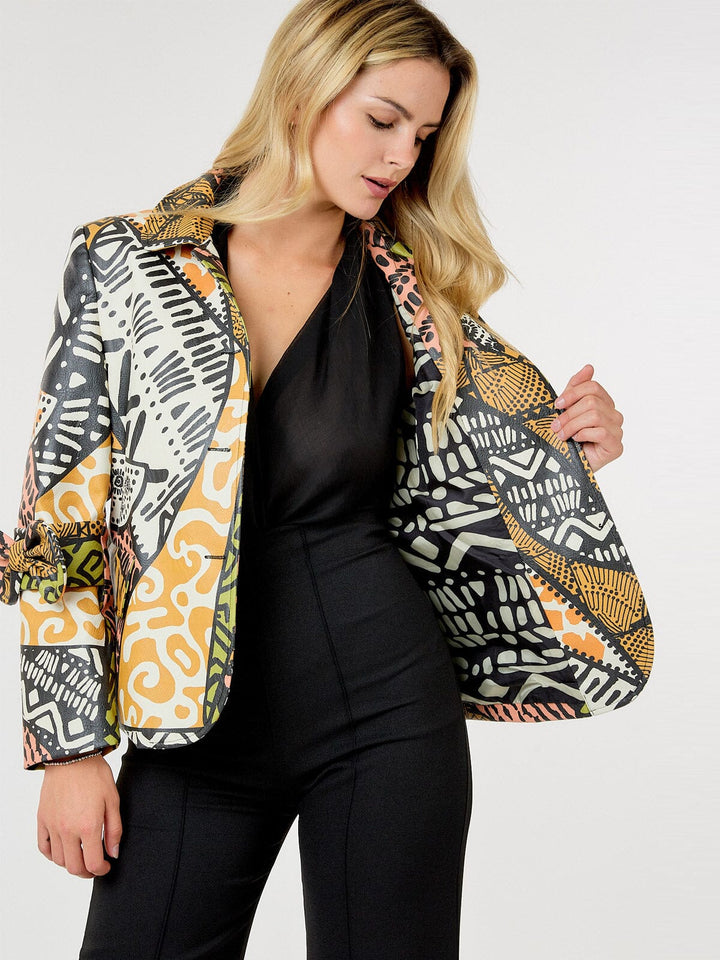 WOMEN'S LONG SLEEVE BUTTON CLOSURE POCKETS PU PLETAHER MULTI PRINT JACKET