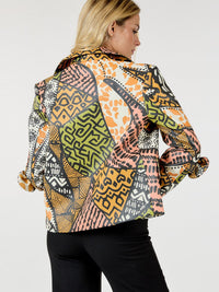 WOMEN'S LONG SLEEVE BUTTON CLOSURE POCKETS PU PLETAHER MULTI PRINT JACKET