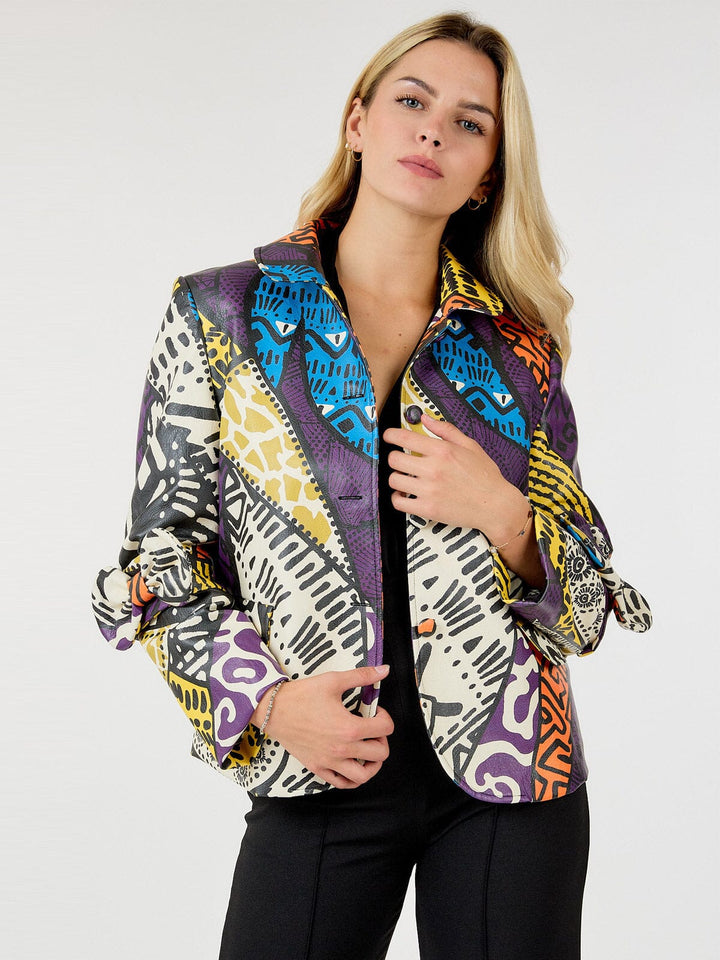 WOMEN'S LONG SLEEVE BUTTON CLOSURE POCKETS PU PLETAHER MULTI PRINT JACKET