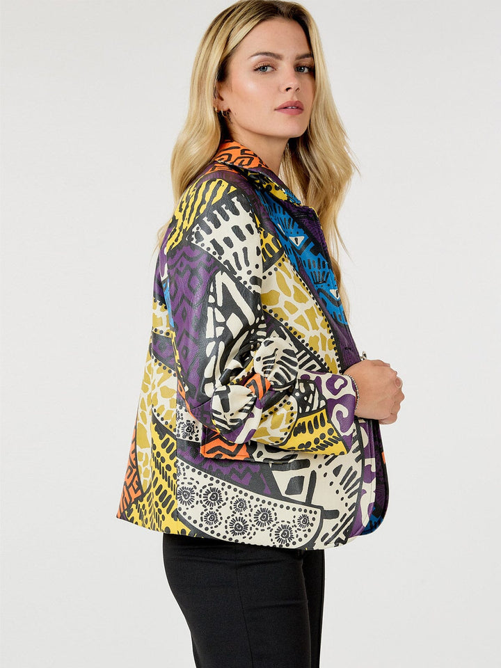WOMEN'S LONG SLEEVE BUTTON CLOSURE POCKETS PU PLETAHER MULTI PRINT JACKET