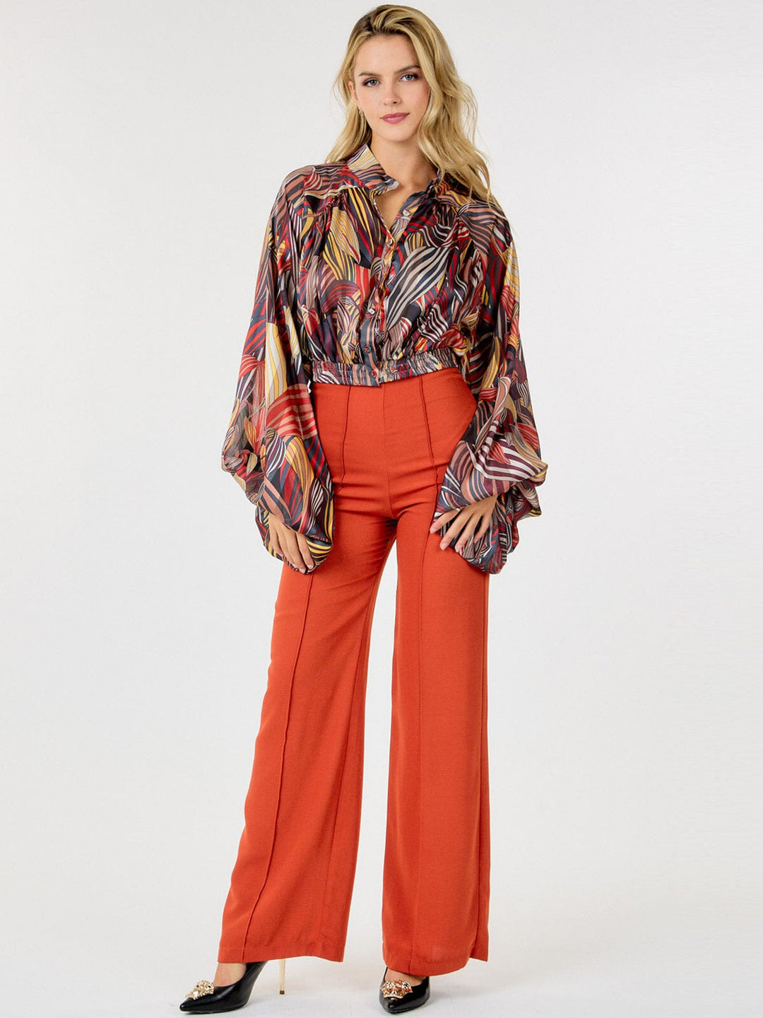 WOMEN'S LONG PUFF SLEEVE BUTTON UP MULTI PRINT BLOUSE