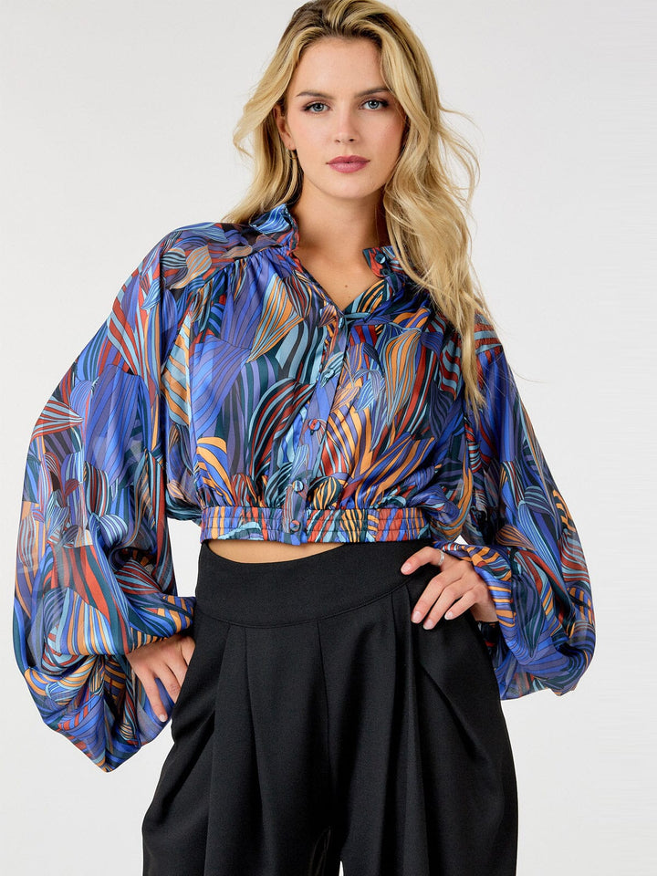 WOMEN'S LONG PUFF SLEEVE BUTTON UP MULTI PRINT BLOUSE