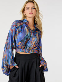 WOMEN'S LONG PUFF SLEEVE BUTTON UP MULTI PRINT BLOUSE