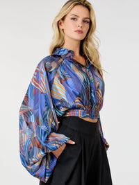 WOMEN'S LONG PUFF SLEEVE BUTTON UP MULTI PRINT BLOUSE