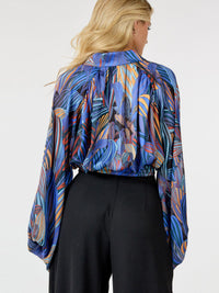 WOMEN'S LONG PUFF SLEEVE BUTTON UP MULTI PRINT BLOUSE
