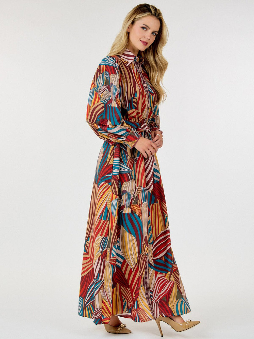 WOMEN'S LONG SLEEVE BUTTON UP FRONT POCKETS SELF TIE LEAF PRINT MAXI DRESS