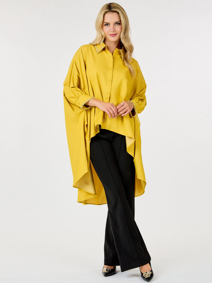 WOMEN'S LONG SLEEVES BUTTON UP HIGH-LOW STUDS DETAILED BLOUSE