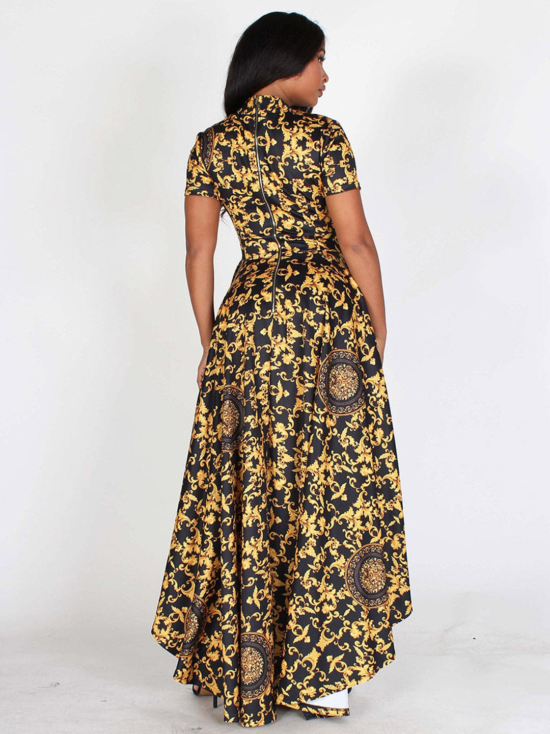 WOMEN'S SHORT SLEEVE HIGH-LOW PRINTED MAXI DRESS