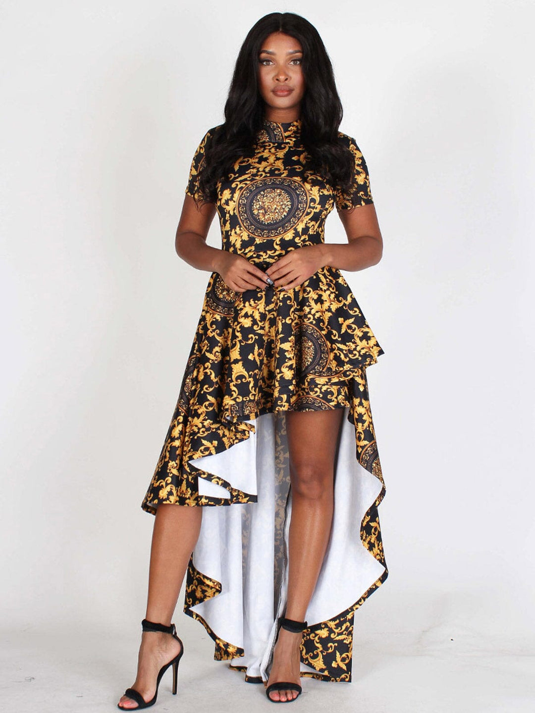 WOMEN'S SHORT SLEEVE HIGH-LOW PRINTED MAXI DRESS