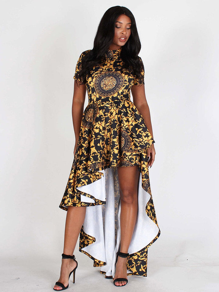 WOMEN'S SHORT SLEEVE HIGH-LOW PRINTED MAXI DRESS