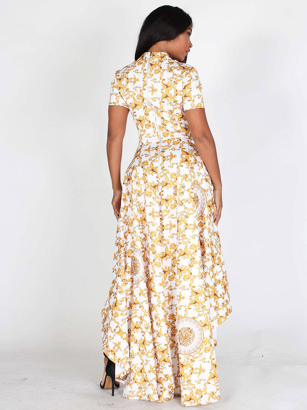 WOMEN'S SHORT SLEEVE HIGH-LOW PRINTED MAXI DRESS