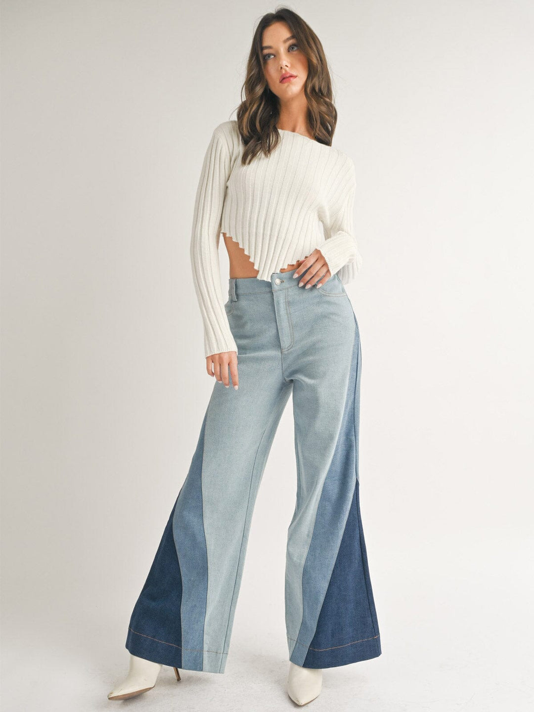 WOMEN'S BUTTON CLOSURE POCKETS PATCHED COLORBLOCK DENIM PANTS