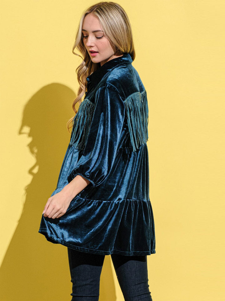 WOMEN'S 3/4 SLEEVE BUTTON UP FRINGE TIERED VELVET TUNIC TOP
