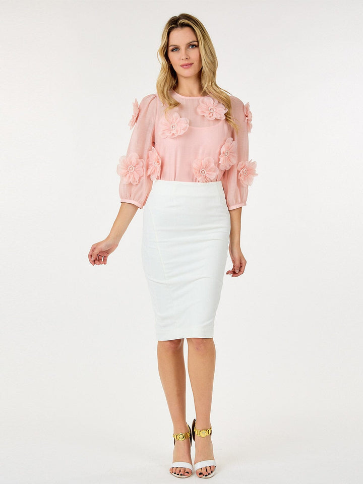 WOMEN'S 3/4 SLEEVE FLOWER DETAILED BLOUSE