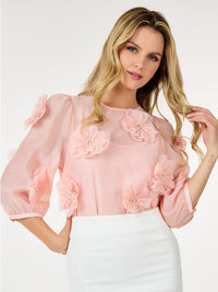 WOMEN'S 3/4 SLEEVE FLOWER DETAILED BLOUSE