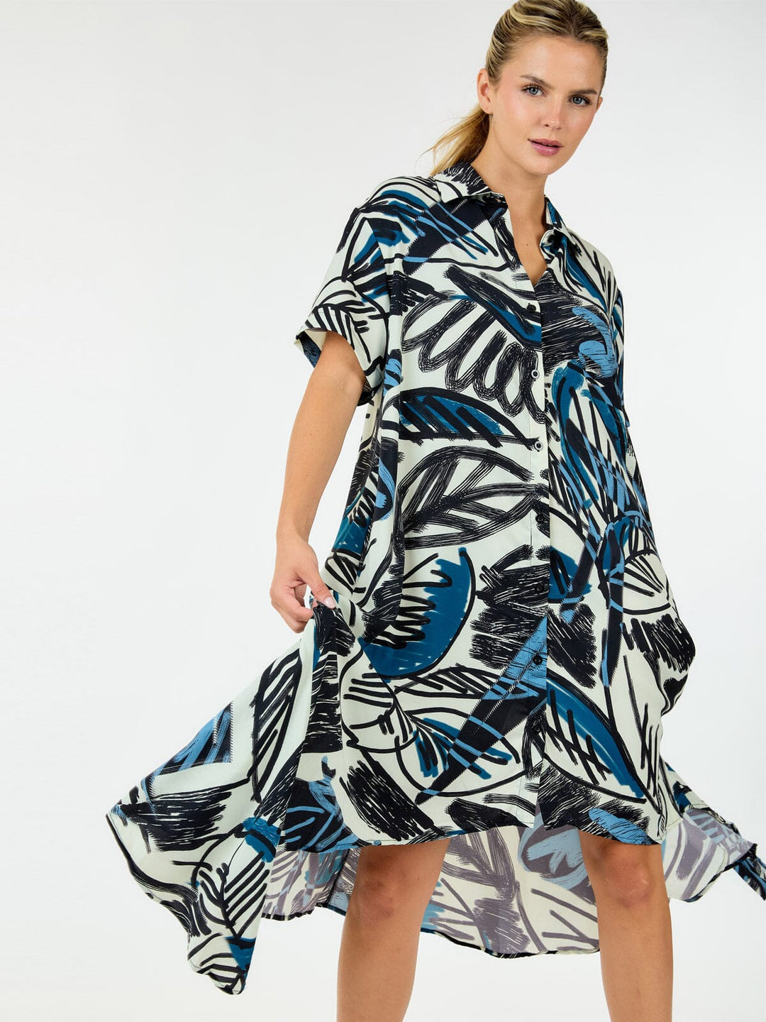 WOMEN'S SHORT SLEEVE BUTTON UP LOOSE FIT MINI DRESS