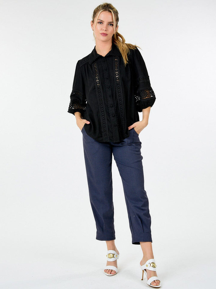WOMEN'S LONG SLEEVE BUTTON CLOSURE CROCHET DETAILED BLOUSE