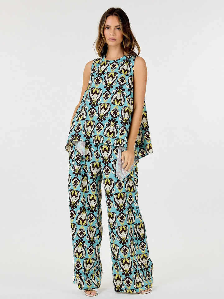 WOMEN'S BUTTON CLOSURE FRONT POCKETS MULTI PRINT WIDE LEG PANTS