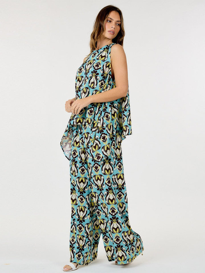 WOMEN'S BUTTON CLOSURE FRONT POCKETS MULTI PRINT WIDE LEG PANTS