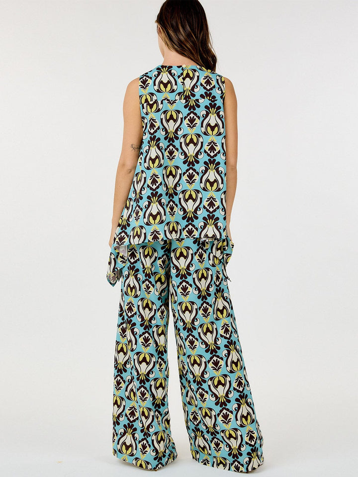 WOMEN'S BUTTON CLOSURE FRONT POCKETS MULTI PRINT WIDE LEG PANTS